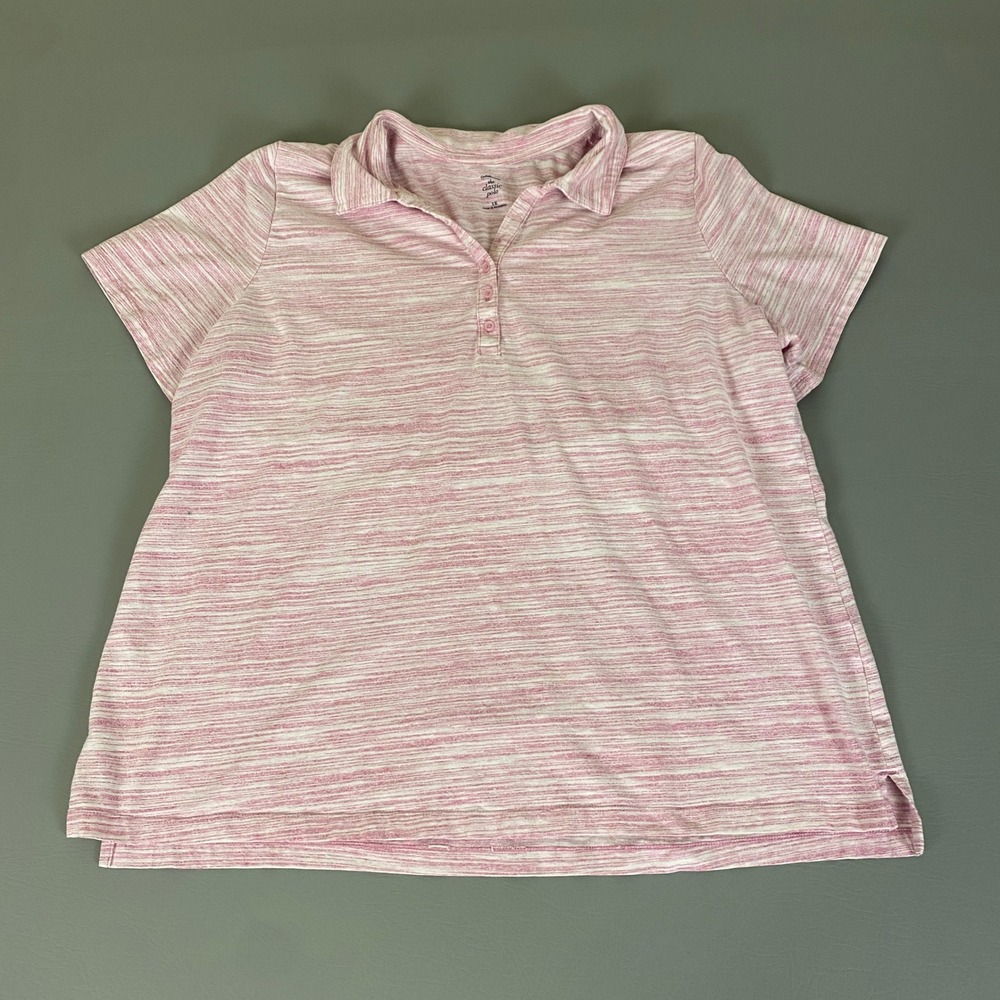 Croft & Barrow Classic Polo‎ Shirt Top 1X Pink White Striped Short Sleeve